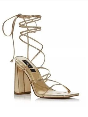 Aqua Metallic Gold Strappy Lace-Up Block Heel Sandals